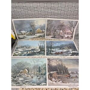 6 Vintage Christmas Placemats Candle‎ Holly Holiday Vinyl Table Currier & Ives